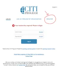 A login page for CITI program with an arrow pointing to the word, "Register" which is circled.