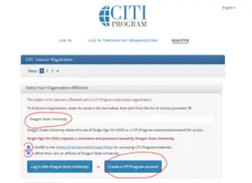 A CITI Program login page with select parts of the page circled in red.