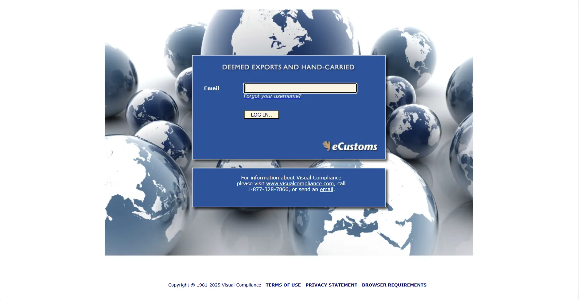 Screenshot of the Visual Compliance Homepage 