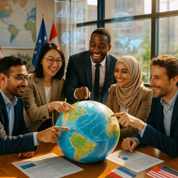 A group of people of different races put their fingers on a globe in the middle of the meeting table.