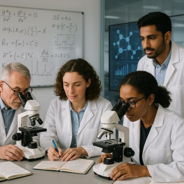 Researchers gather around microscopes